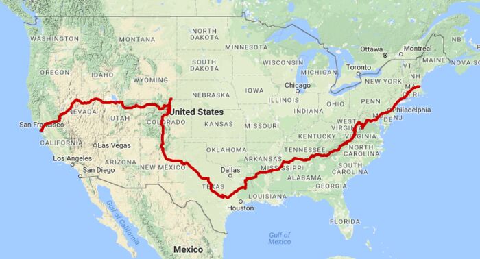 A trip across the country via motorcycle. It took a little more than a month.